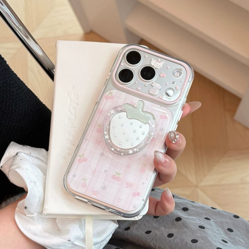 Pink Check Strawberry Mirror Magnetic iPhone Case