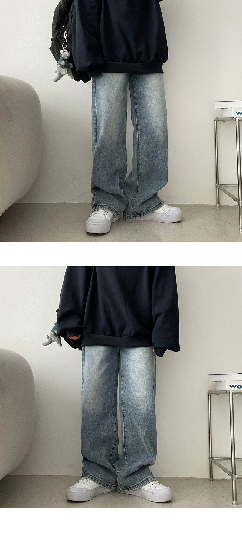 ローンウォッシングサイドバンディングデニムワイドパンツ