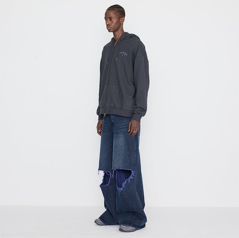 Destroyed Knee Wide Denim Pants Blue & Purple