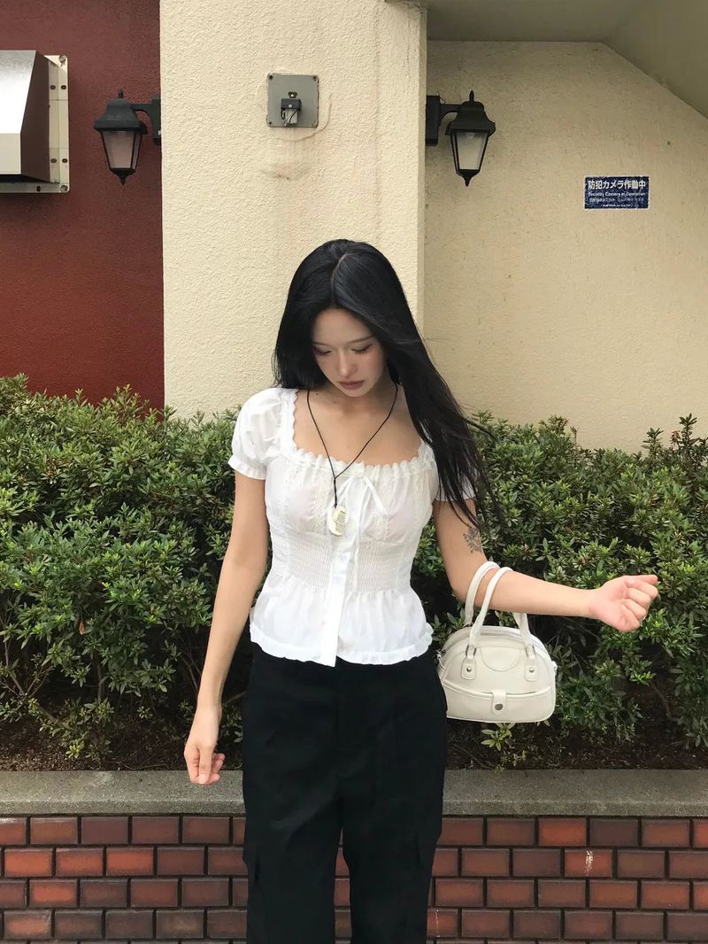 Romy Square Lace Ribbon Puff Smoke Blouse