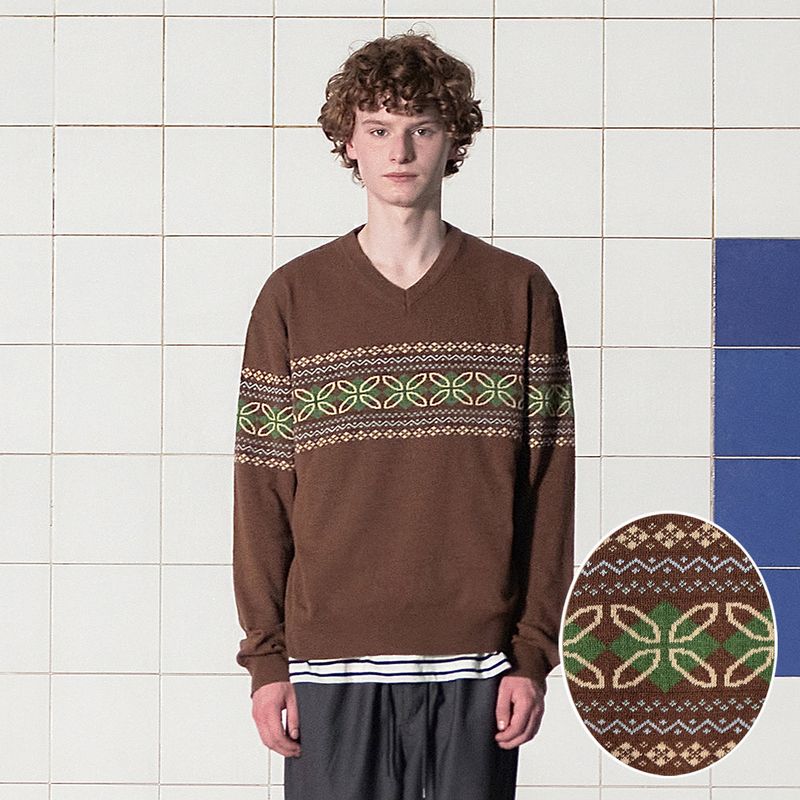 UNALLOYED（アナロイド）の「CLOVER ARGYLE V NECK KNIT / BROWN（Tops）」