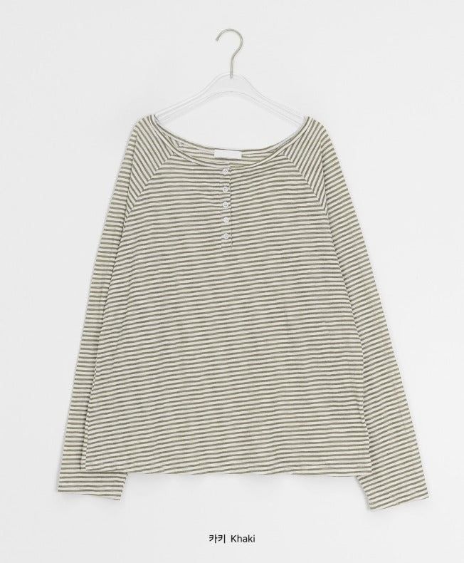 Dre Stripe Summer Button Off-Shoulder Long Sleeve Tee