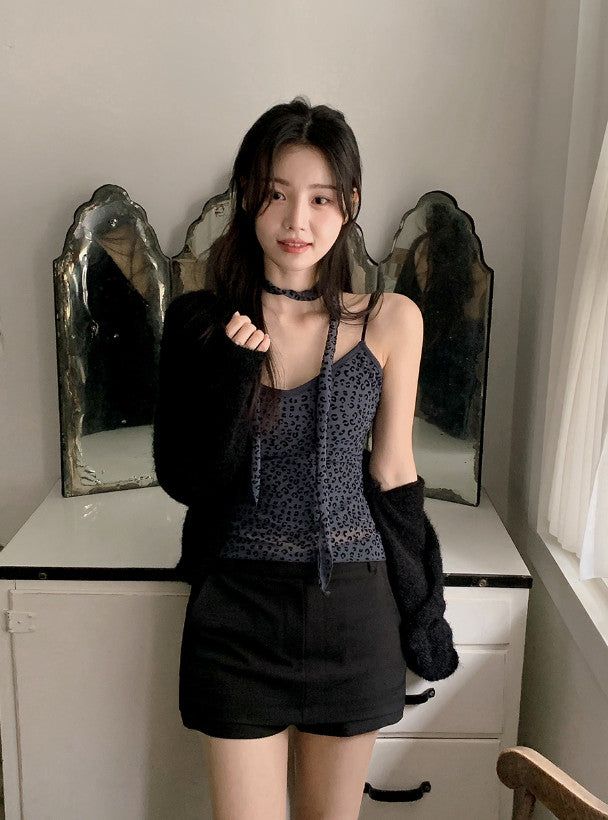 Leopard Sleeveless Blouse + Tie Set (2color)