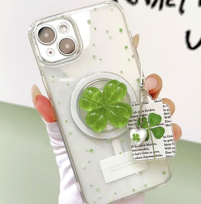 [SET]green four leaf clover magsafe case + card pocket + clover grip