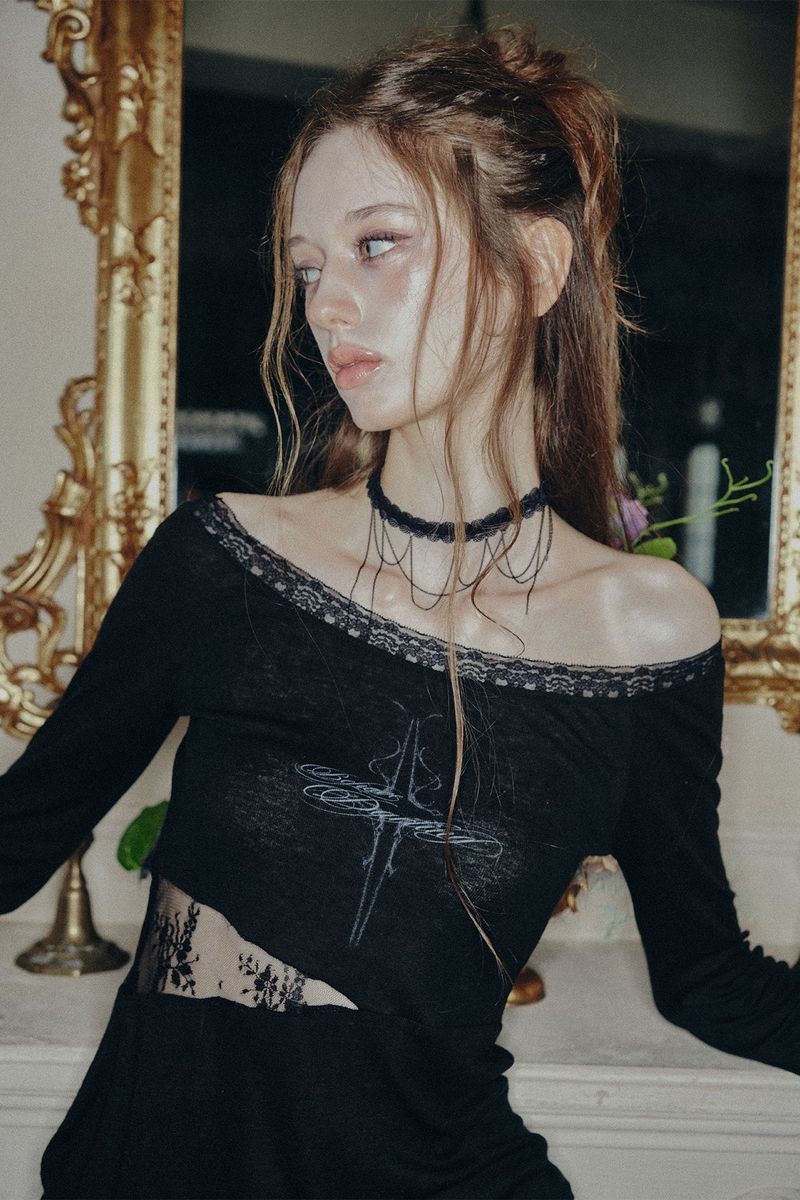PAIN OR PLEASURE（ペインオアプレジャー）の「LACE BOATNECK TOP black（Tops）」