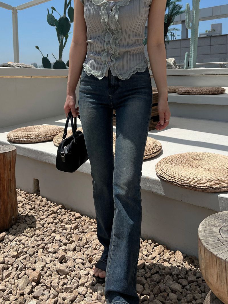 High waist light & deep blue washed bootcut long denim pants (2 colors)