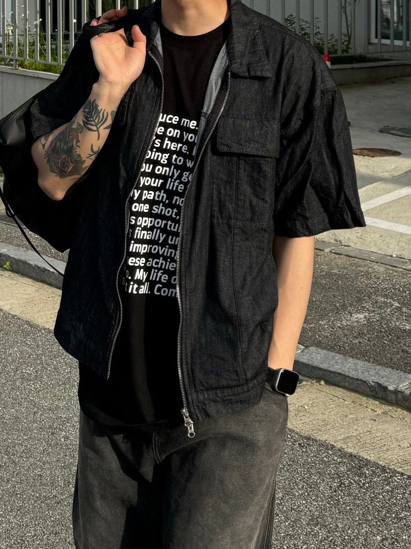 Two way denim short sleeve zip-up jacket 2C