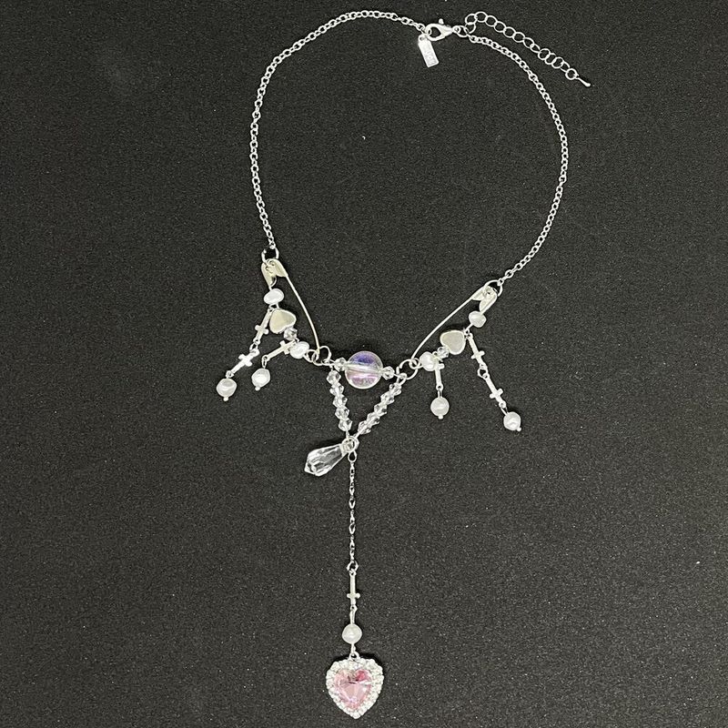0082 Zirconia heart drop pin necklace