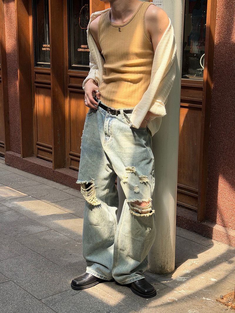 [Unisex] Light blue damage wide denim pants