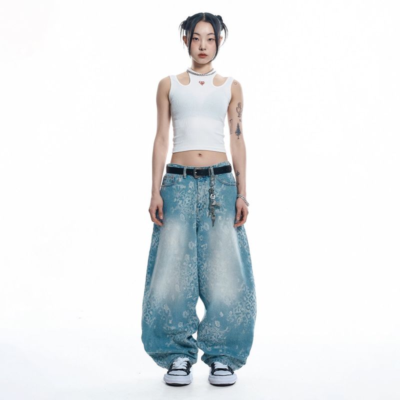 Sun Patch Leopard Balloon Denim Pants - LIGHT BLUE