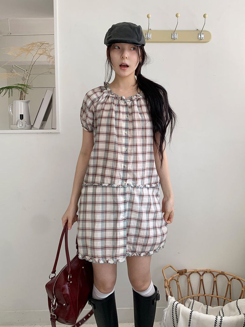 SAGE CHECK FRILL DRESS (2C)
