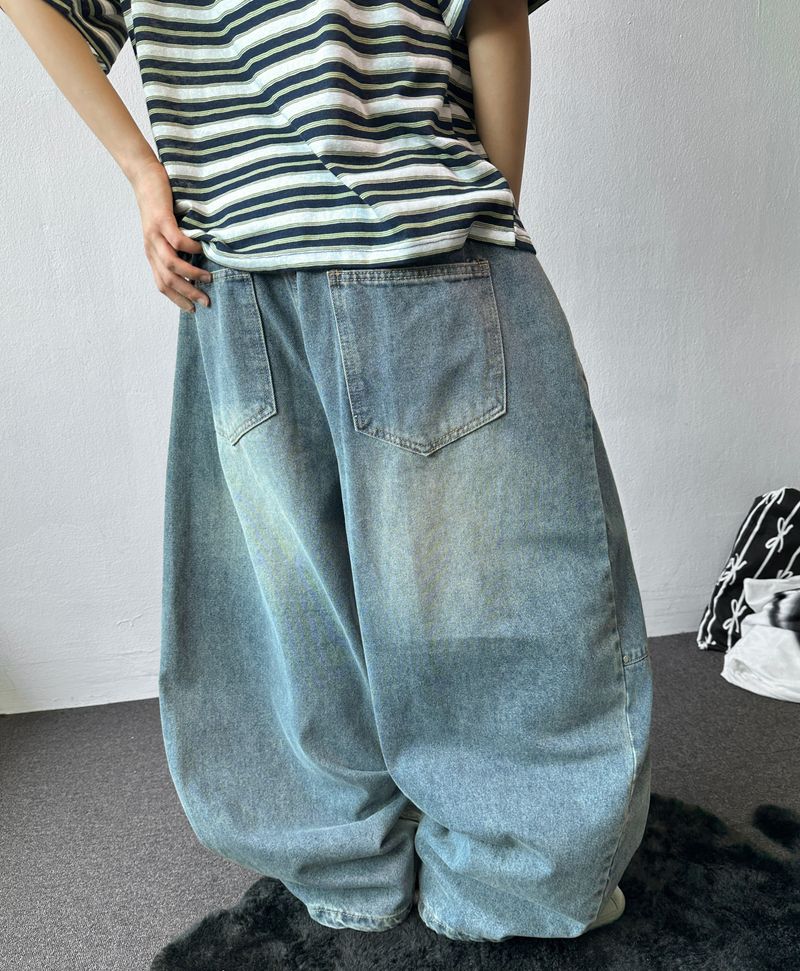 Devil Rivet Elastic Waist Balloon Denim Pants 2color
