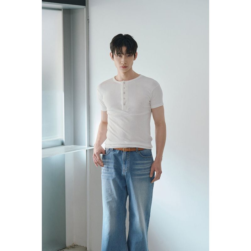 High ribbed henry neck half sleeves(Ivory)