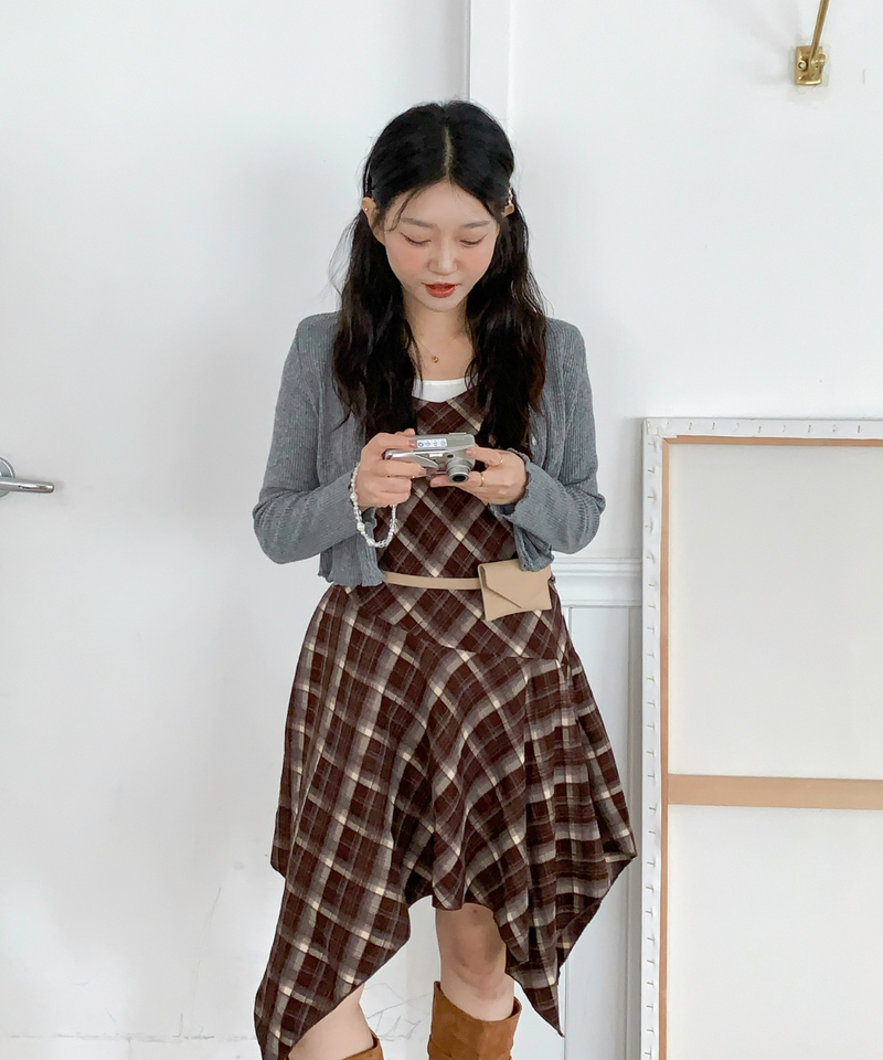 Mute Unbalanced Bustier Checkered Dress