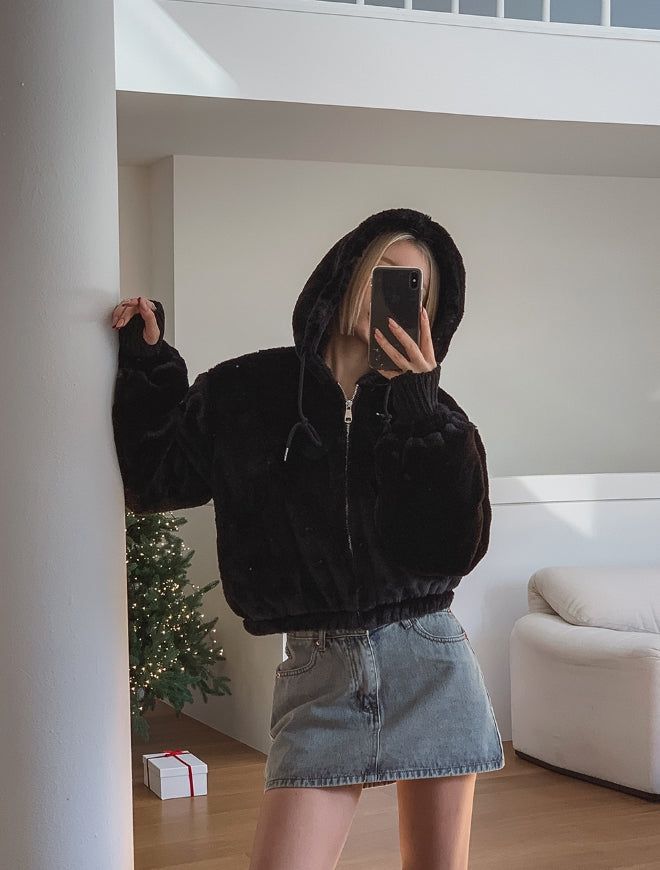 Cardi crop hooded fur jumper