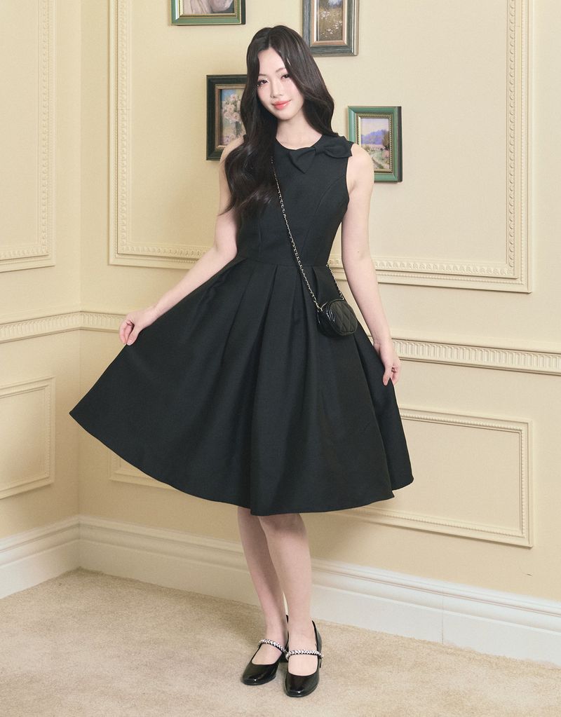 [LADY LINE] オフィーリアリボンポイントスリーブレスミディバルーンドレス ブラック