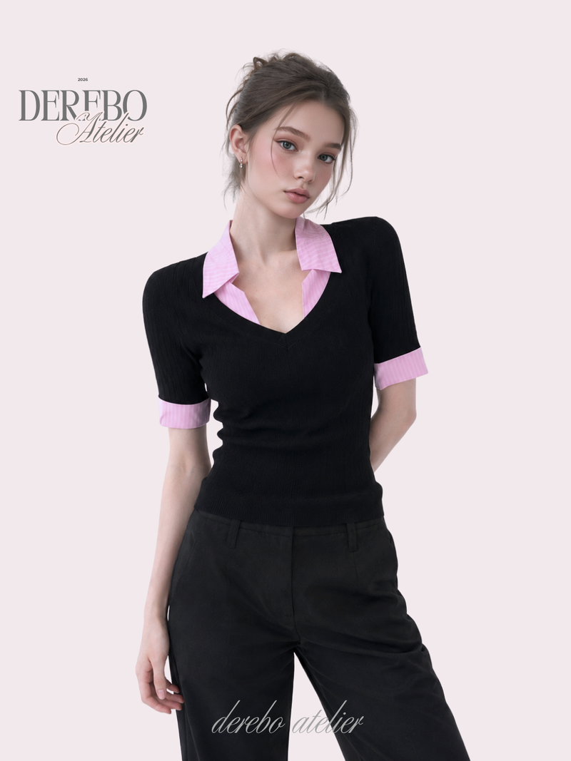 dereborujo（ドレボルゾー）の「Pink black steady collar V top（Tops）」