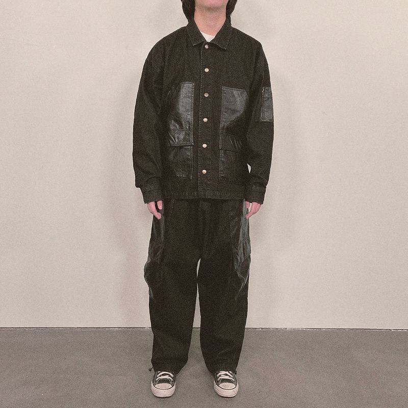 faux leather mix denim shirt_black