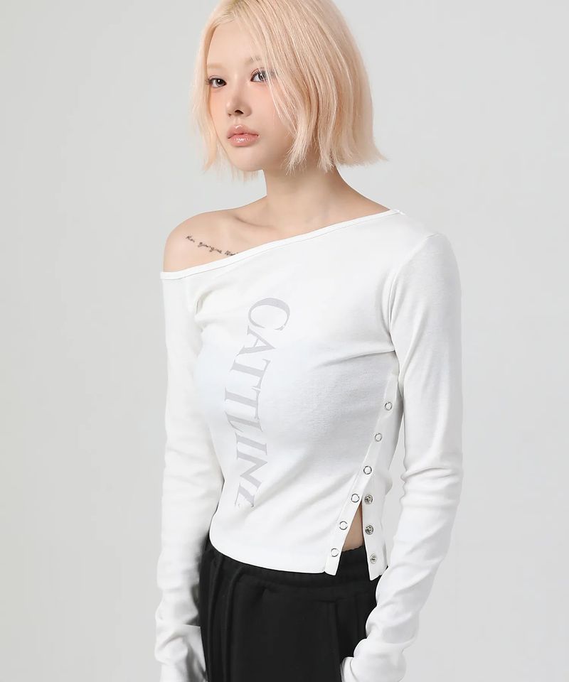 One Shoulder Logo Snap T-shirt_ivory