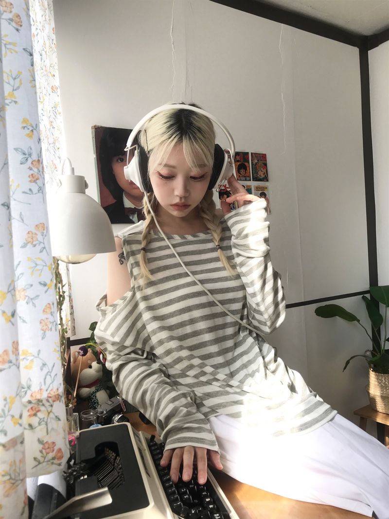shoulder slit loose stripe long sleeve