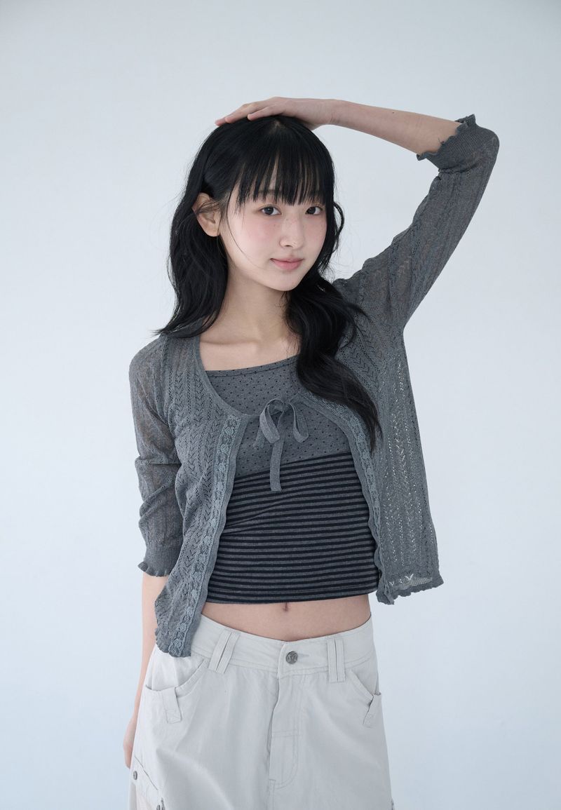 3/4 LACE KNIT CARDIGAN CHARCOAL