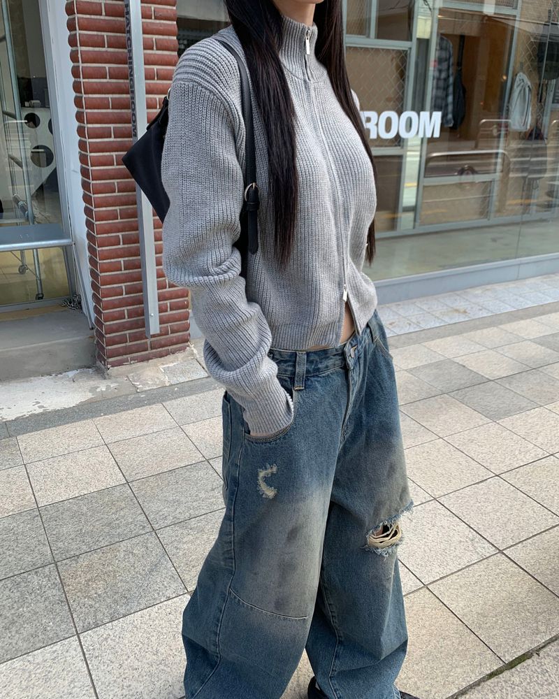 (Unisex) ボタンダメージデニムパンツ