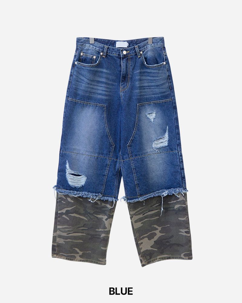 Destroyed Layered Camo Denim Pants