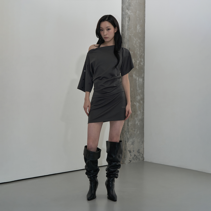 MULTI-WAY SNAP DRAPE DRESS (CHARCOAL)
