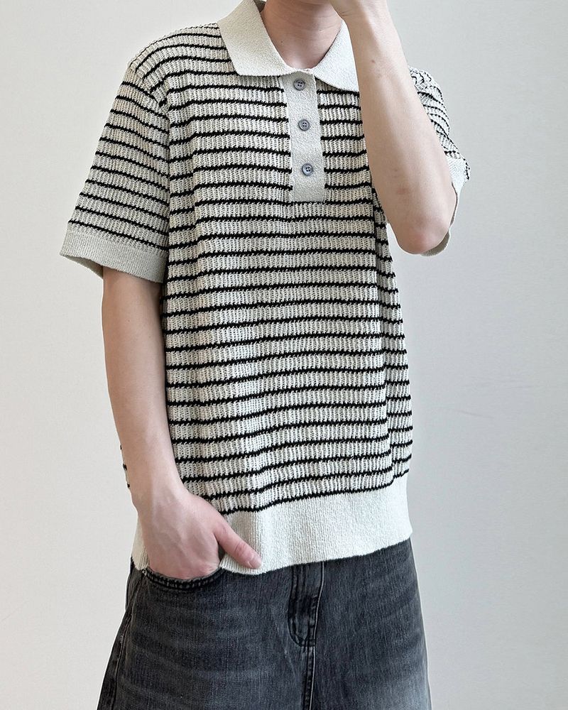 Windy Buckle Stripe Collar Short Sleeve Knit