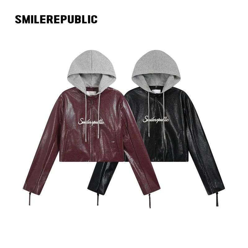 Unisex PU-Coated Faux Leather Cropped Hooded Zip Jacket