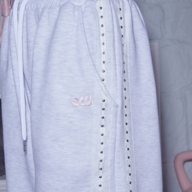 LACE STUD JOGGER PANTS - WHITE MELANGE