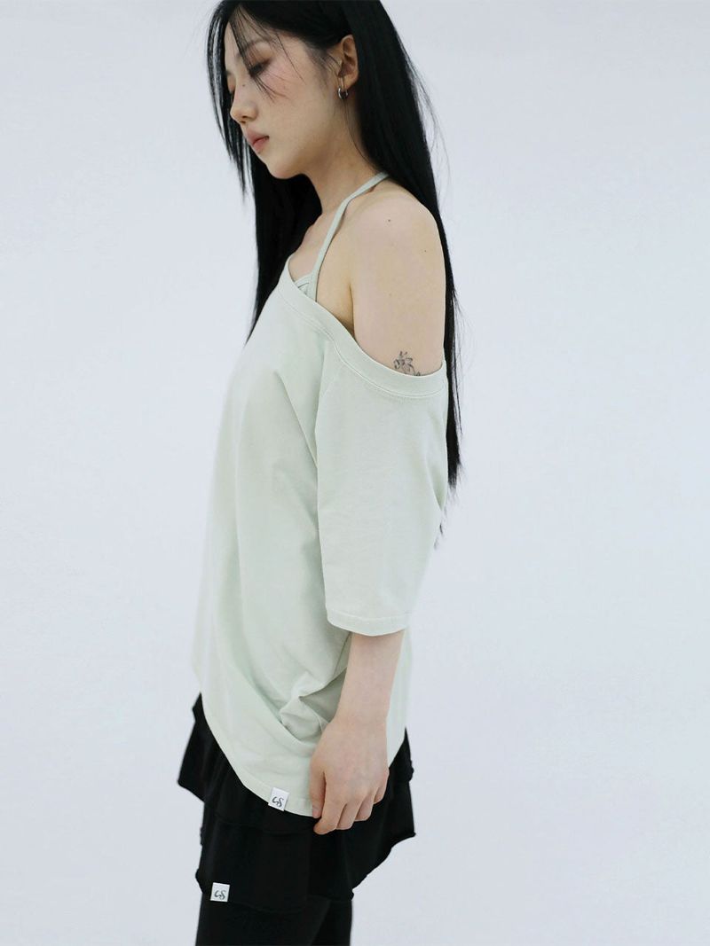 UNBALANCE BUTTON SHOULDER TOP(GREEN)