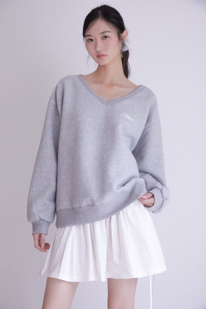 Lettering Deep V-Neck Sweatshirt (MELANGE GREY)