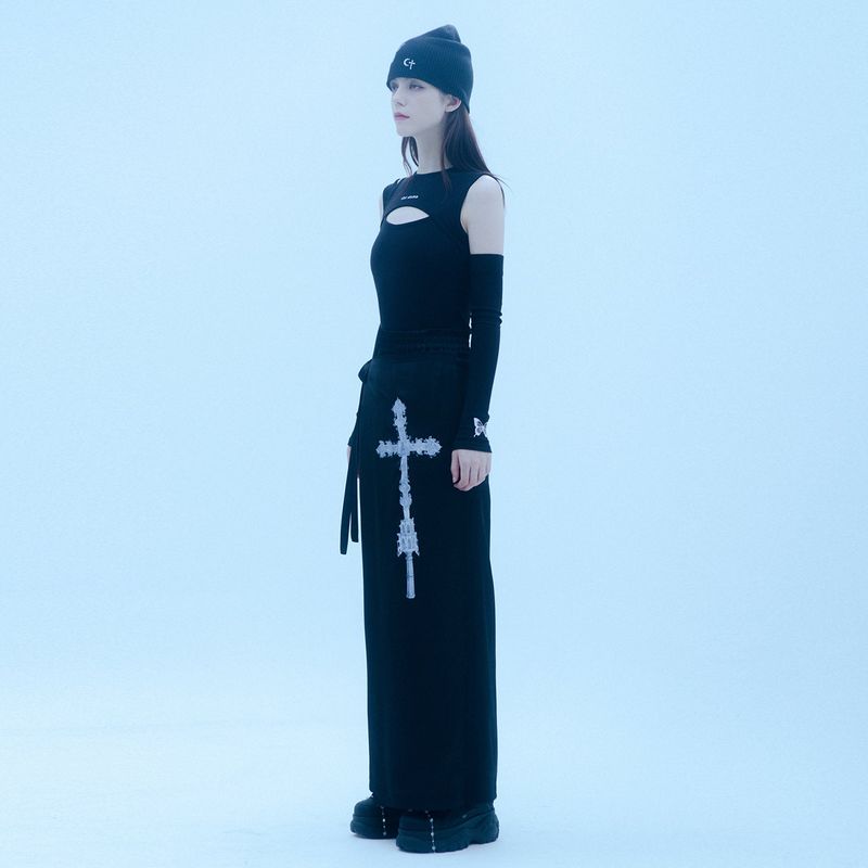 1 0 cross wrap skirt pants - BLACK