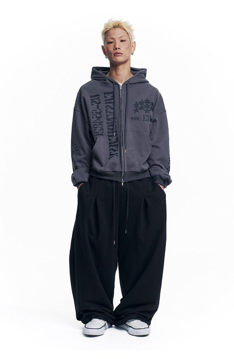 Marine Crack Print Hooded Zip-Up - Charcoal