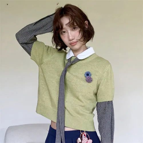 [1+1 Special] Tours Flower Decor Round Neck Wool Short Sleeve Knit