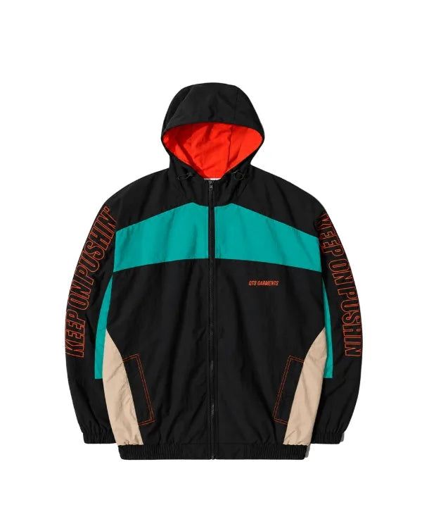 QT8 GARMENTS（キューティーエイトガーメント）の「MFレトロ フーデッド トラックジャケット(Black/Bluegreen/Orange)（ジャケット/アウター）」