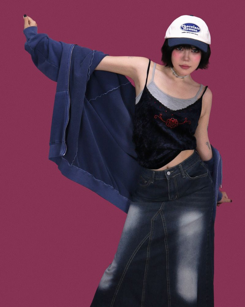 popping denim long skirt
