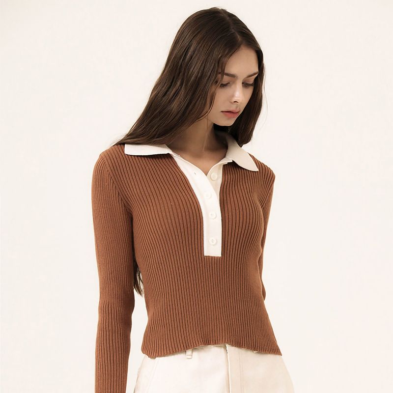 COLOR BLOCK LONG SLEEVED POLO KNIT - BROWN