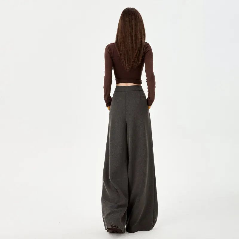 Gray Draped High Waist Wide Leg Slacks