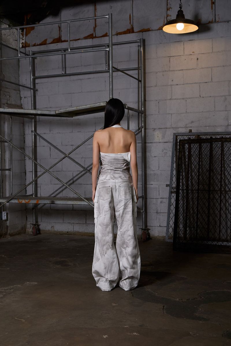 Dirty Washed Wide Cargo Denim Pants - White