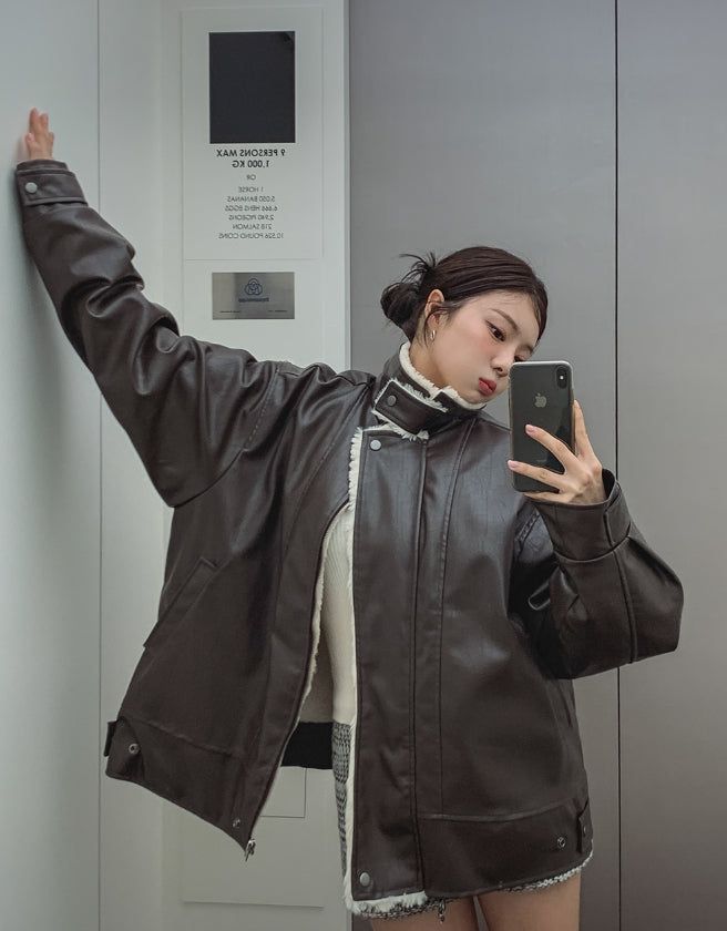 [Mink lining] Catch leather high neck half coat