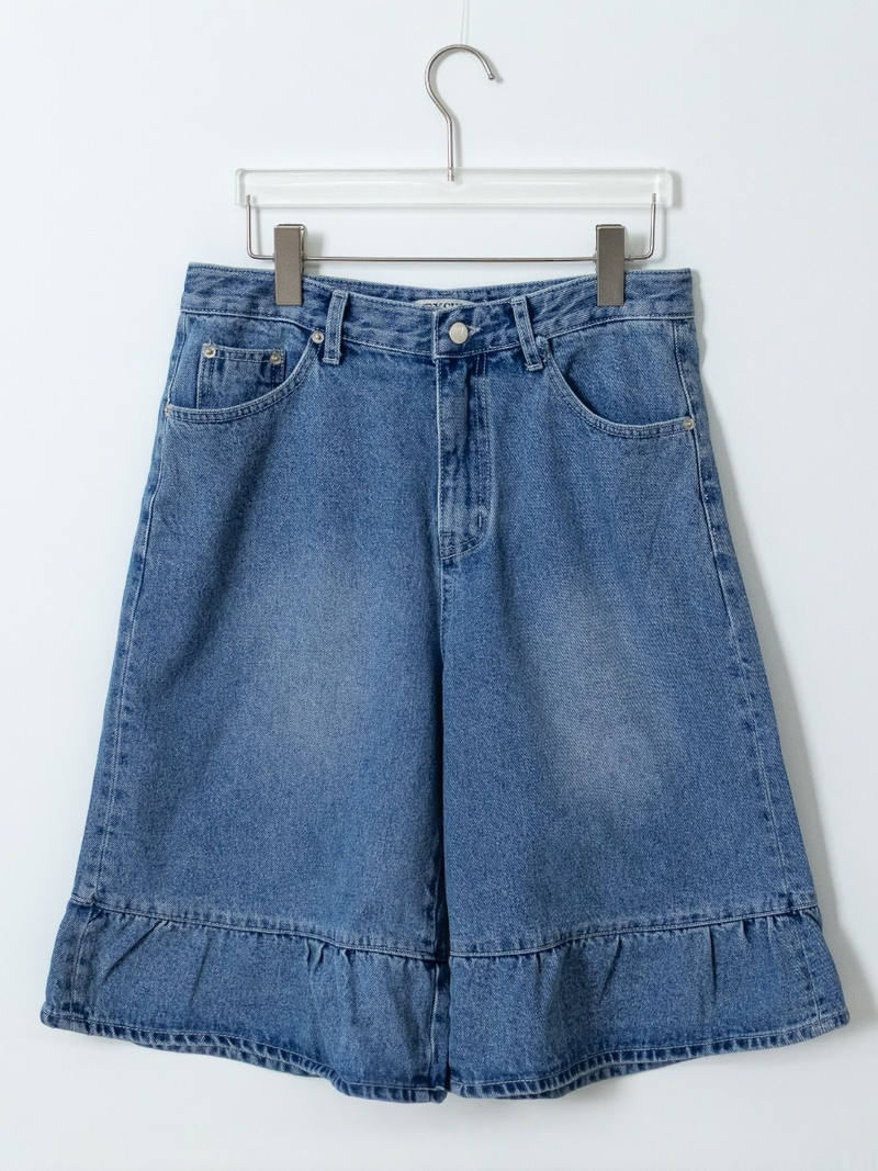 denim frill bermuda pants
