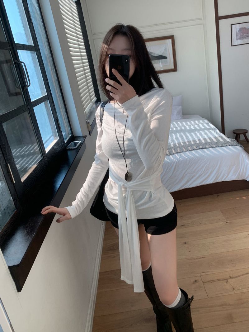 Loving Front Wrap Tie Boat Neck Long Sleeve Tee 