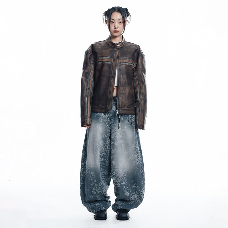Sun Patch Leopard Balloon Denim Pants - BLACK