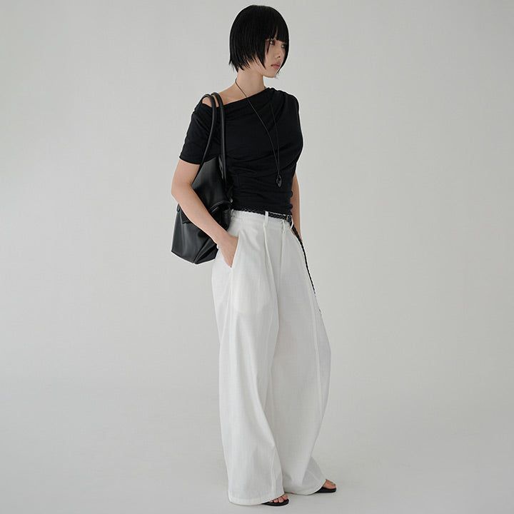 [Bachein] One-Shoulder Shirred Short-Sleeve T-Shirt - 4 Colors