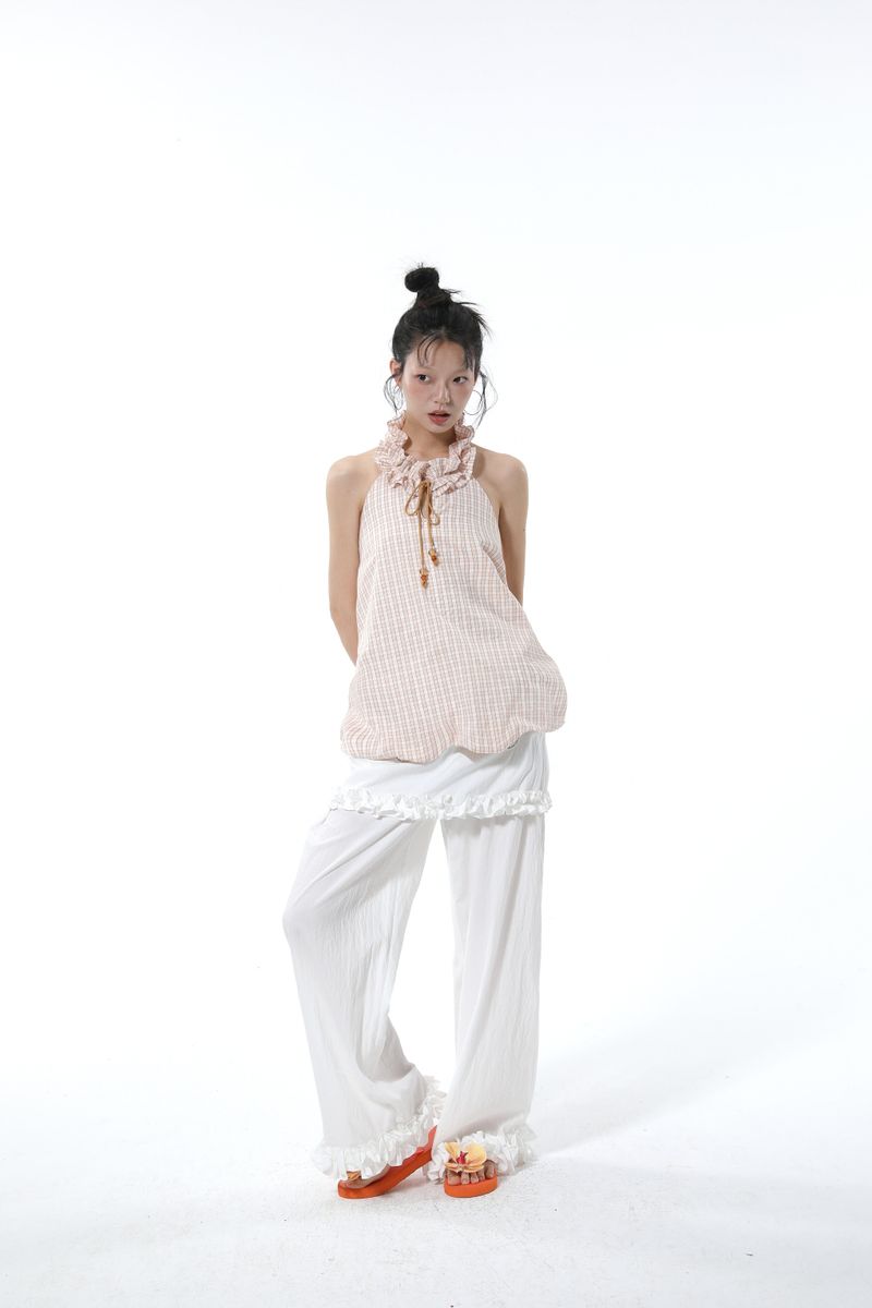 Summon Oak Checkered Halter Strap Tank Top Women's 2025 Summer New Flower Bud Bubble Loose Backless Top