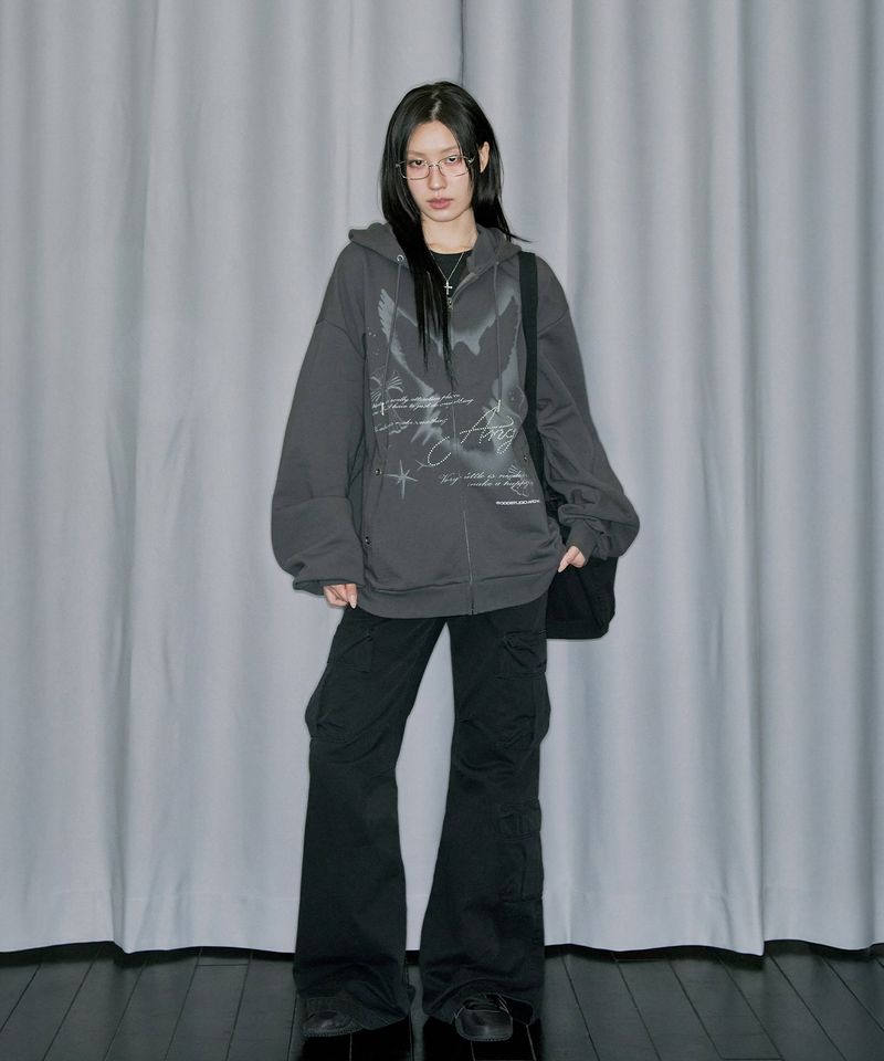 Angel Stud Overfit Hood Zip-Up - CHARCOAL
