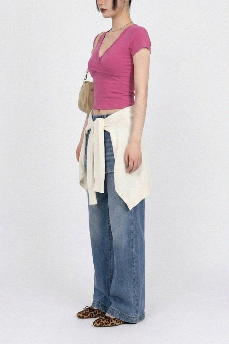CROSS-WRAP SLIM V-NECK TEE (4COLORS!)