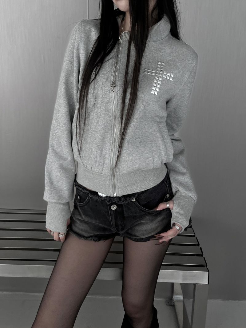 cross stud diagonal warmer zip-up (fleece-lined / 2color)